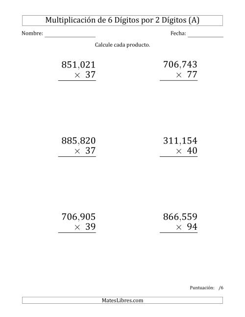 La hoja de ejercicios de Multiplicar Números de 6 Dígitos por 2 Dígitos (Formato Grande) Usando Comas como Separadores de Millares (Todas)