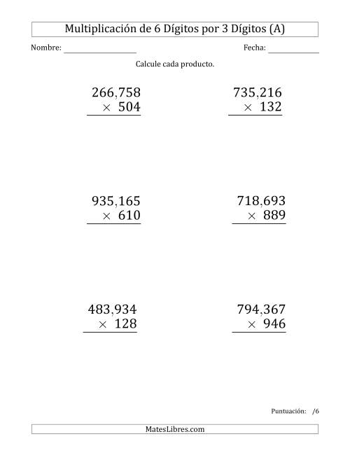 La hoja de ejercicios de Multiplicar Números de 6 Dígitos por 3 Dígitos (Formato Grande) Usando Comas como Separadores de Millares (A)