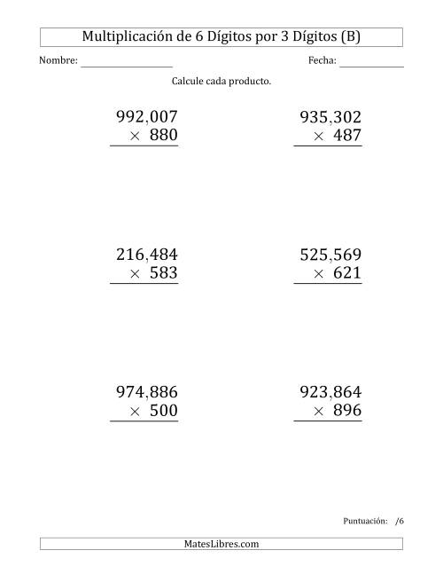 La hoja de ejercicios de Multiplicar Números de 6 Dígitos por 3 Dígitos (Formato Grande) Usando Comas como Separadores de Millares (B)