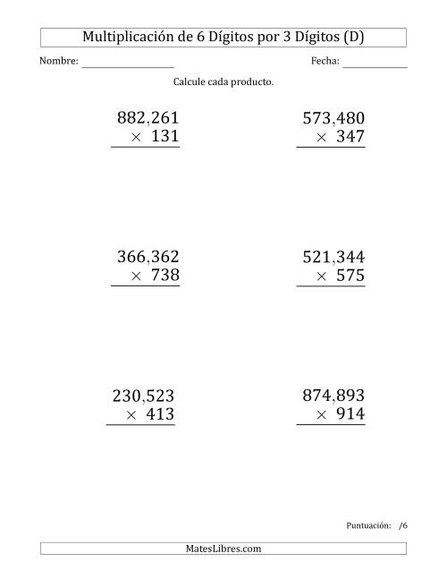 La hoja de ejercicios de Multiplicar Números de 6 Dígitos por 3 Dígitos (Formato Grande) Usando Comas como Separadores de Millares (D)