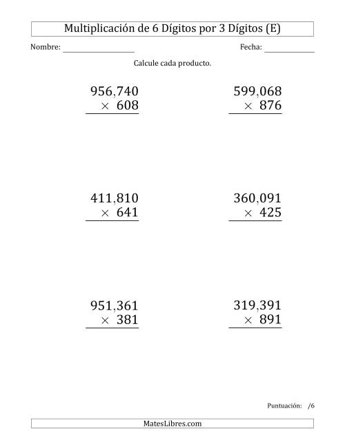 La hoja de ejercicios de Multiplicar Números de 6 Dígitos por 3 Dígitos (Formato Grande) Usando Comas como Separadores de Millares (E)
