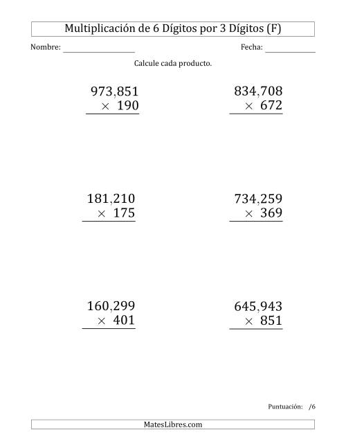 La hoja de ejercicios de Multiplicar Números de 6 Dígitos por 3 Dígitos (Formato Grande) Usando Comas como Separadores de Millares (F)