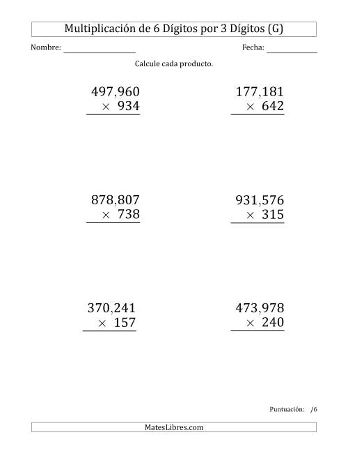 La hoja de ejercicios de Multiplicar Números de 6 Dígitos por 3 Dígitos (Formato Grande) Usando Comas como Separadores de Millares (G)