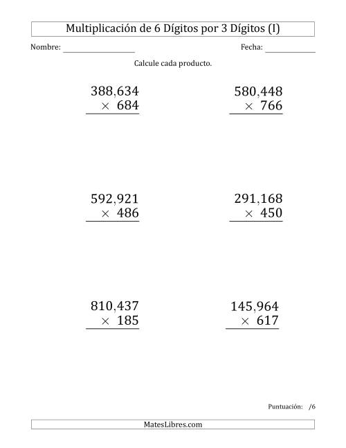 La hoja de ejercicios de Multiplicar Números de 6 Dígitos por 3 Dígitos (Formato Grande) Usando Comas como Separadores de Millares (I)