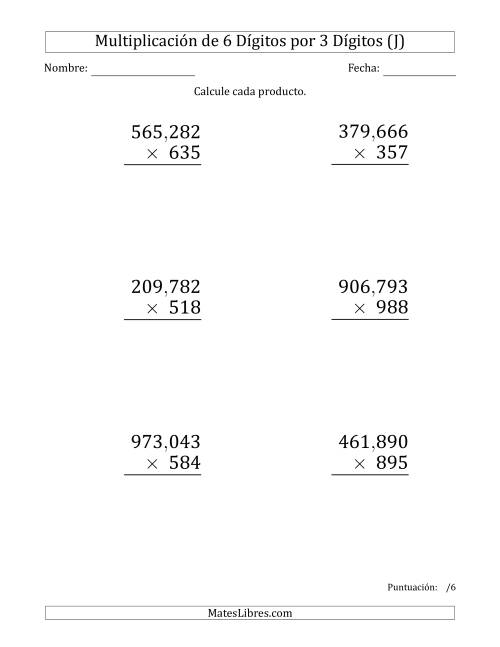 La hoja de ejercicios de Multiplicar Números de 6 Dígitos por 3 Dígitos (Formato Grande) Usando Comas como Separadores de Millares (J)