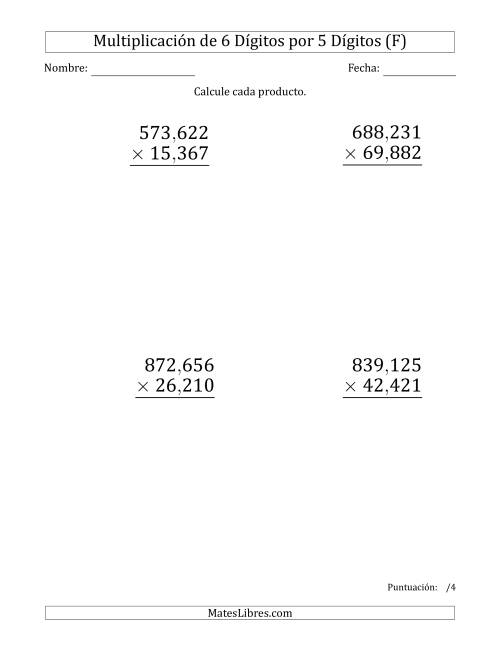 La hoja de ejercicios de Multiplicar Números de 6 Dígitos por 5 Dígitos (Formato Grande) Usando Comas como Separadores de Millares (F)