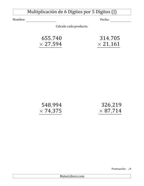 La hoja de ejercicios de Multiplicar Números de 6 Dígitos por 5 Dígitos (Formato Grande) Usando Comas como Separadores de Millares (J)