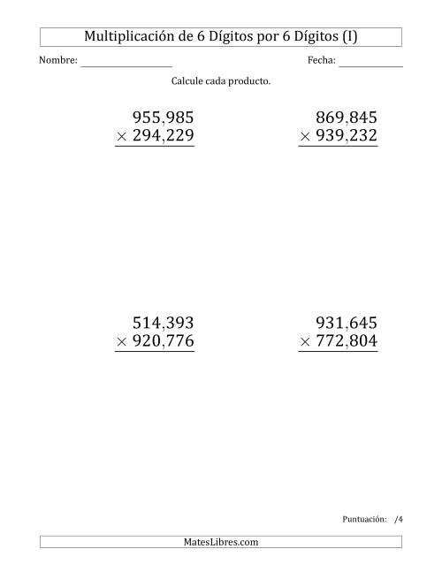 La hoja de ejercicios de Multiplicar Números de 6 Dígitos por 6 Dígitos (Formato Grande) Usando Comas como Separadores de Millares (I)