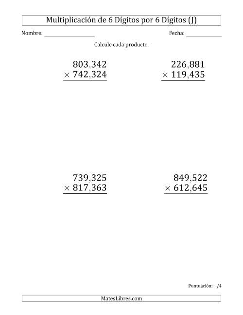 La hoja de ejercicios de Multiplicar Números de 6 Dígitos por 6 Dígitos (Formato Grande) Usando Comas como Separadores de Millares (J)