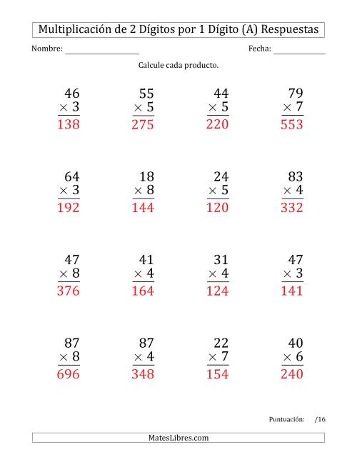 La hoja de ejercicios de Multiplicar Números de 2 Dígitos por 1 Dígito (Formato Grande) Usando Espacios como Separadores de Millares (A) Página 2