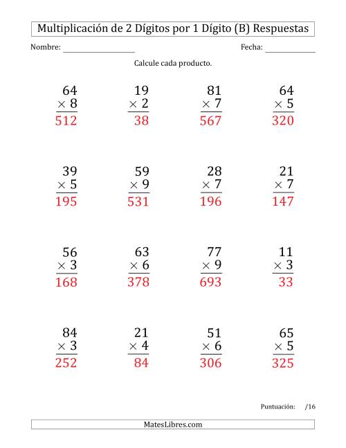 La hoja de ejercicios de Multiplicar Números de 2 Dígitos por 1 Dígito (Formato Grande) Usando Espacios como Separadores de Millares (B) Página 2