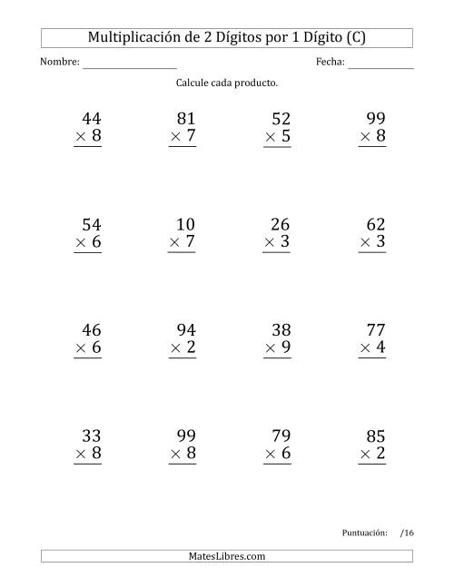 La hoja de ejercicios de Multiplicar Números de 2 Dígitos por 1 Dígito (Formato Grande) Usando Espacios como Separadores de Millares (C)