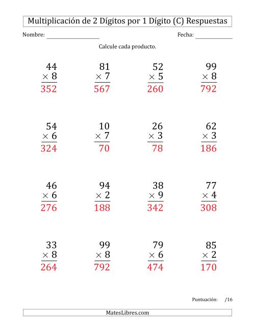 La hoja de ejercicios de Multiplicar Números de 2 Dígitos por 1 Dígito (Formato Grande) Usando Espacios como Separadores de Millares (C) Página 2
