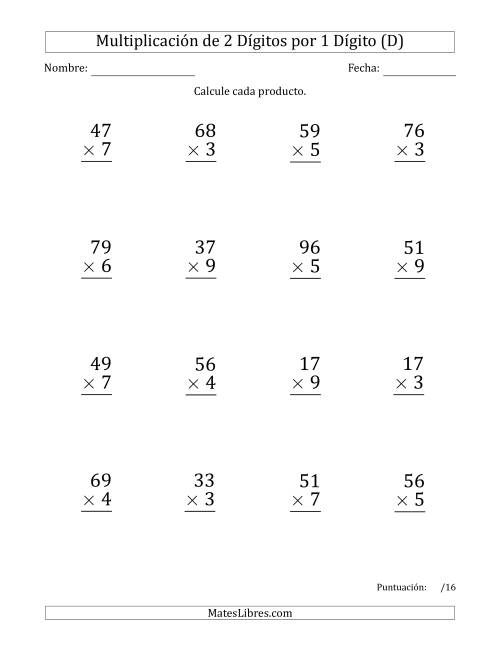 La hoja de ejercicios de Multiplicar Números de 2 Dígitos por 1 Dígito (Formato Grande) Usando Espacios como Separadores de Millares (D)