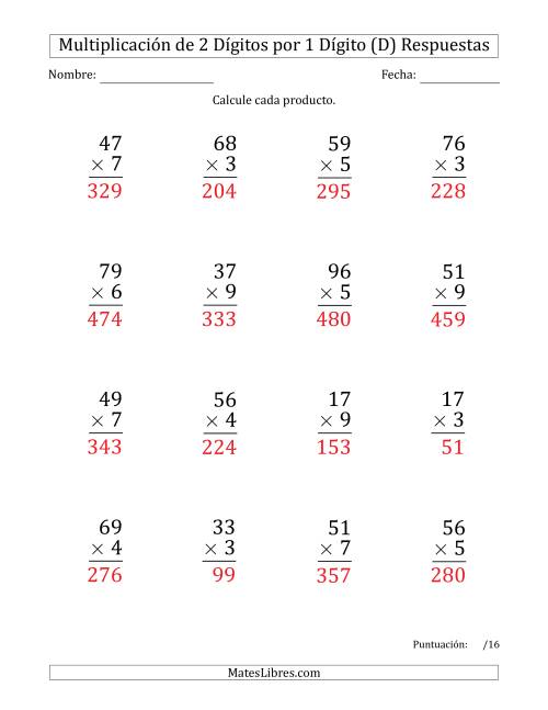 La hoja de ejercicios de Multiplicar Números de 2 Dígitos por 1 Dígito (Formato Grande) Usando Espacios como Separadores de Millares (D) Página 2