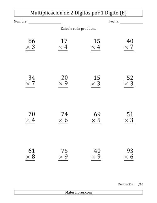 La hoja de ejercicios de Multiplicar Números de 2 Dígitos por 1 Dígito (Formato Grande) Usando Espacios como Separadores de Millares (E)