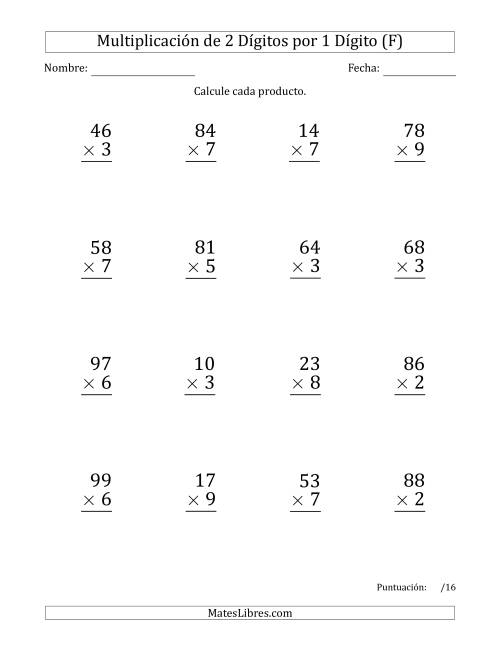 La hoja de ejercicios de Multiplicar Números de 2 Dígitos por 1 Dígito (Formato Grande) Usando Espacios como Separadores de Millares (F)