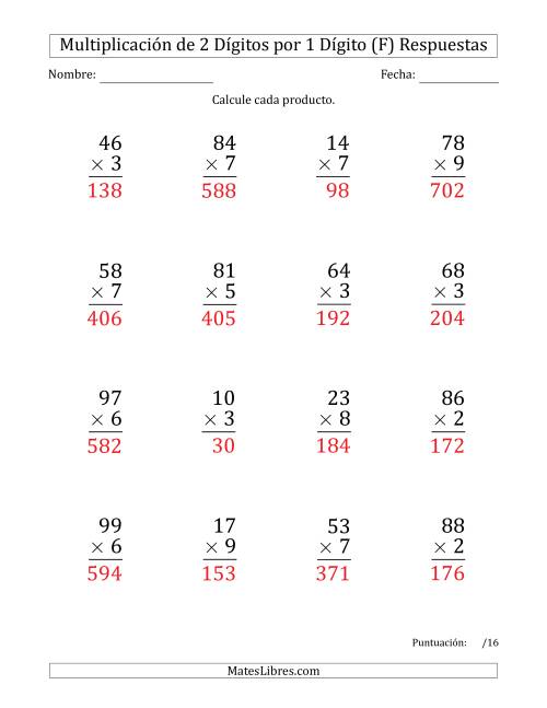 La hoja de ejercicios de Multiplicar Números de 2 Dígitos por 1 Dígito (Formato Grande) Usando Espacios como Separadores de Millares (F) Página 2