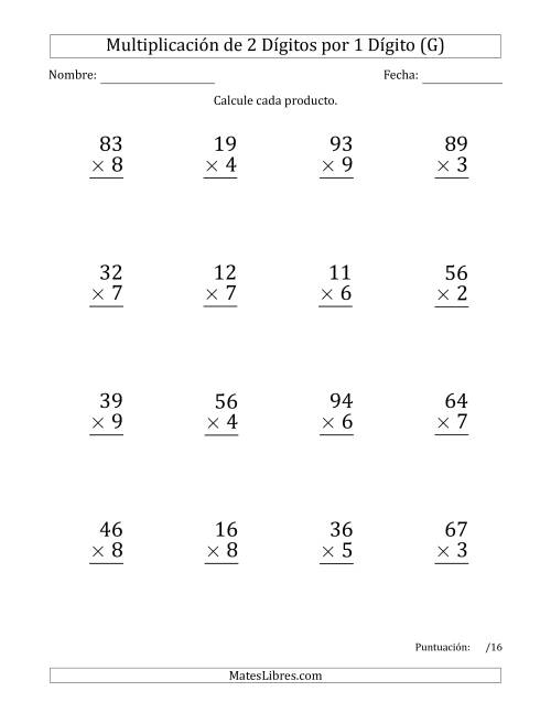 La hoja de ejercicios de Multiplicar Números de 2 Dígitos por 1 Dígito (Formato Grande) Usando Espacios como Separadores de Millares (G)