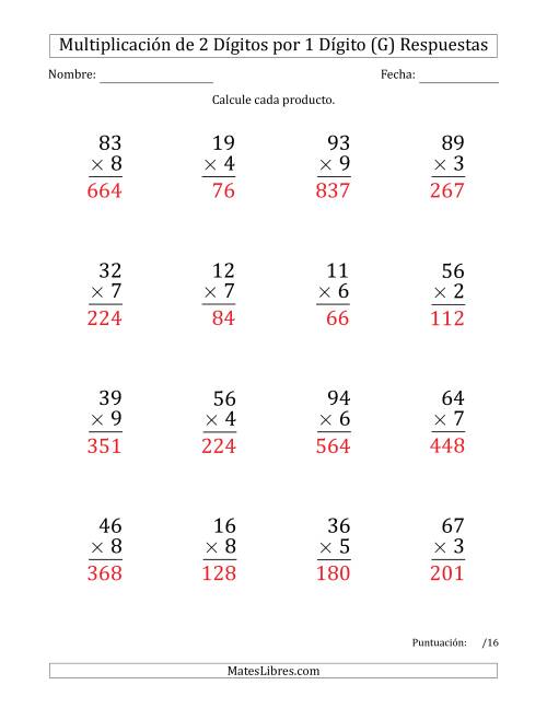 La hoja de ejercicios de Multiplicar Números de 2 Dígitos por 1 Dígito (Formato Grande) Usando Espacios como Separadores de Millares (G) Página 2