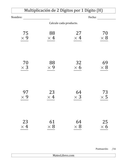 La hoja de ejercicios de Multiplicar Números de 2 Dígitos por 1 Dígito (Formato Grande) Usando Espacios como Separadores de Millares (H)