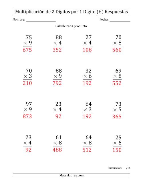 La hoja de ejercicios de Multiplicar Números de 2 Dígitos por 1 Dígito (Formato Grande) Usando Espacios como Separadores de Millares (H) Página 2