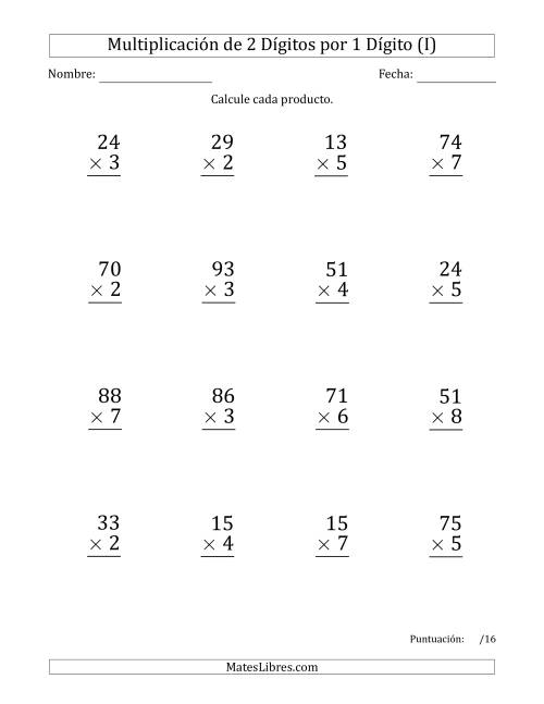La hoja de ejercicios de Multiplicar Números de 2 Dígitos por 1 Dígito (Formato Grande) Usando Espacios como Separadores de Millares (I)