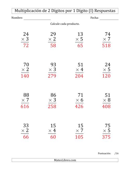 La hoja de ejercicios de Multiplicar Números de 2 Dígitos por 1 Dígito (Formato Grande) Usando Espacios como Separadores de Millares (I) Página 2