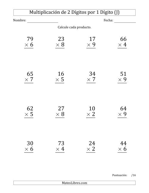 La hoja de ejercicios de Multiplicar Números de 2 Dígitos por 1 Dígito (Formato Grande) Usando Espacios como Separadores de Millares (J)