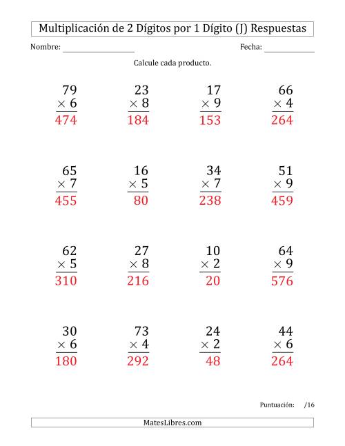 La hoja de ejercicios de Multiplicar Números de 2 Dígitos por 1 Dígito (Formato Grande) Usando Espacios como Separadores de Millares (J) Página 2