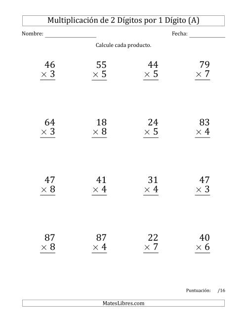 La hoja de ejercicios de Multiplicar Números de 2 Dígitos por 1 Dígito (Formato Grande) Usando Espacios como Separadores de Millares (Todas)