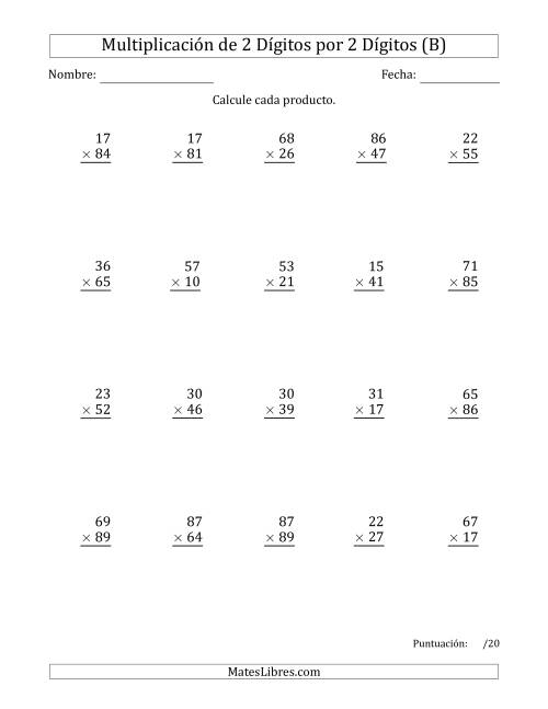 La hoja de ejercicios de Multiplicar Números de 2 Dígitos por 2 Dígitos Usando Espacios como Separadores de Millares (B)