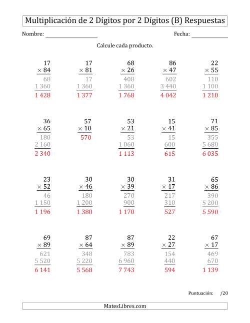 La hoja de ejercicios de Multiplicar Números de 2 Dígitos por 2 Dígitos Usando Espacios como Separadores de Millares (B) Página 2