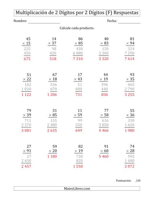 La hoja de ejercicios de Multiplicar Números de 2 Dígitos por 2 Dígitos Usando Espacios como Separadores de Millares (F) Página 2