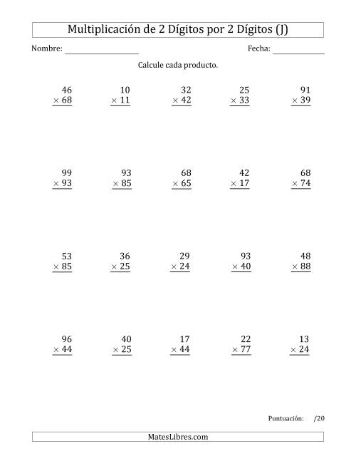 La hoja de ejercicios de Multiplicar Números de 2 Dígitos por 2 Dígitos Usando Espacios como Separadores de Millares (J)