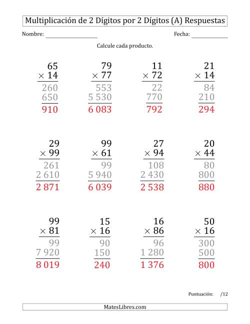 La hoja de ejercicios de Multiplicar Números de 2 Dígitos por 2 Dígitos (Formato Grande) Usando Espacios como Separadores de Millares (A) Página 2