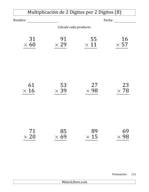 La hoja de ejercicios de Multiplicar Números de 2 Dígitos por 2 Dígitos (Formato Grande) Usando Espacios como Separadores de Millares (B)