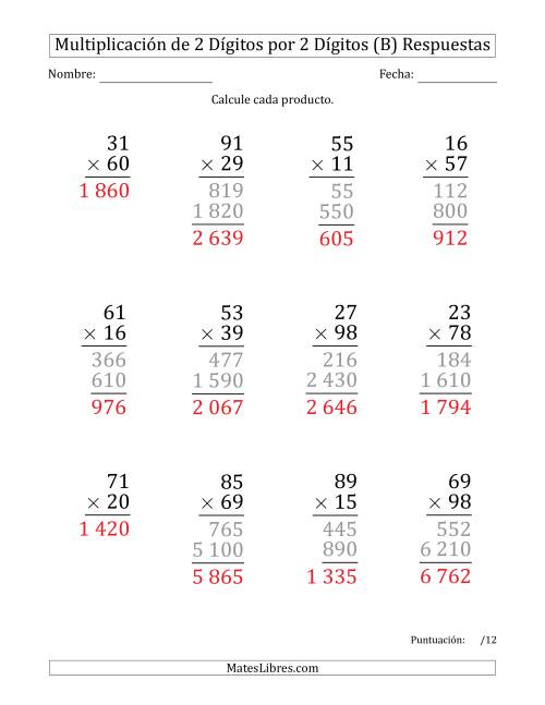 La hoja de ejercicios de Multiplicar Números de 2 Dígitos por 2 Dígitos (Formato Grande) Usando Espacios como Separadores de Millares (B) Página 2