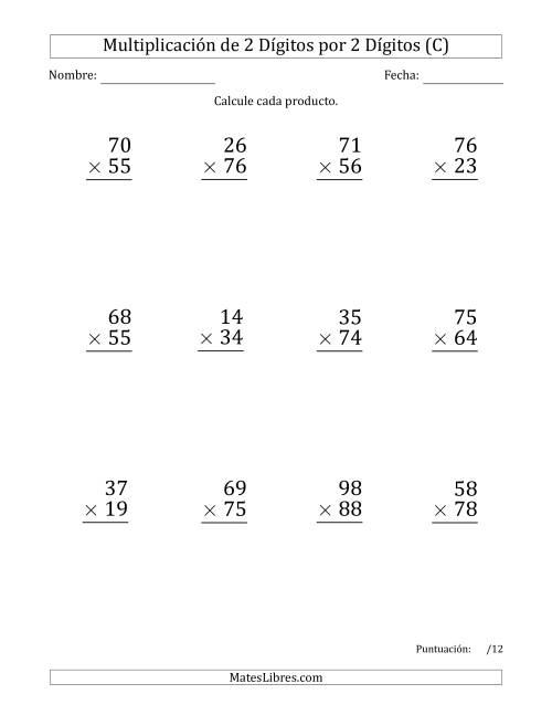 La hoja de ejercicios de Multiplicar Números de 2 Dígitos por 2 Dígitos (Formato Grande) Usando Espacios como Separadores de Millares (C)