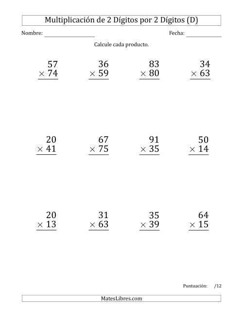 La hoja de ejercicios de Multiplicar Números de 2 Dígitos por 2 Dígitos (Formato Grande) Usando Espacios como Separadores de Millares (D)