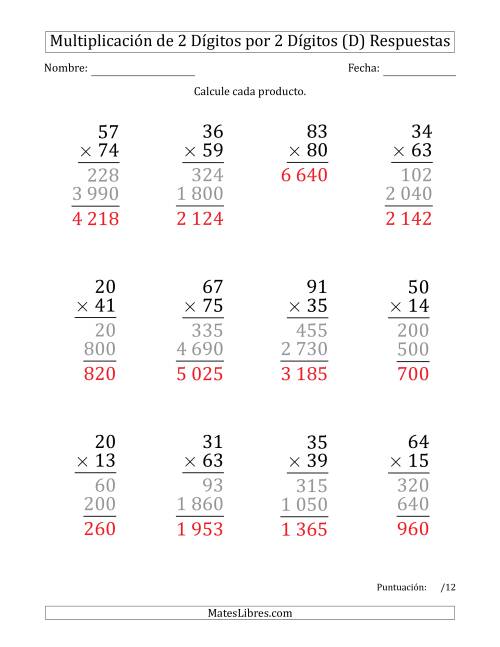 La hoja de ejercicios de Multiplicar Números de 2 Dígitos por 2 Dígitos (Formato Grande) Usando Espacios como Separadores de Millares (D) Página 2