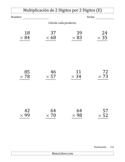 La hoja de ejercicios de Multiplicar Números de 2 Dígitos por 2 Dígitos (Formato Grande) Usando Espacios como Separadores de Millares (E)