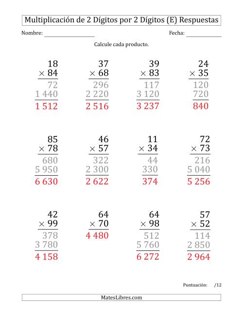 La hoja de ejercicios de Multiplicar Números de 2 Dígitos por 2 Dígitos (Formato Grande) Usando Espacios como Separadores de Millares (E) Página 2