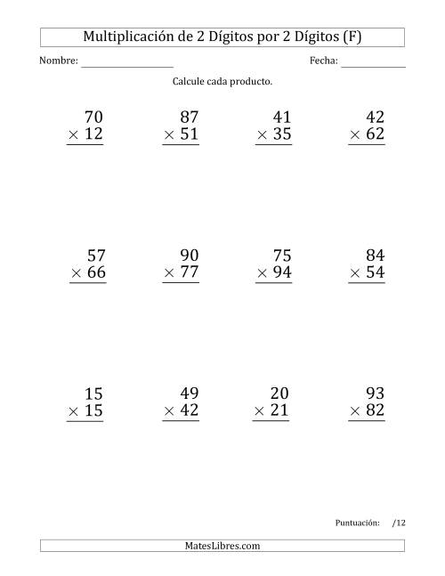 La hoja de ejercicios de Multiplicar Números de 2 Dígitos por 2 Dígitos (Formato Grande) Usando Espacios como Separadores de Millares (F)