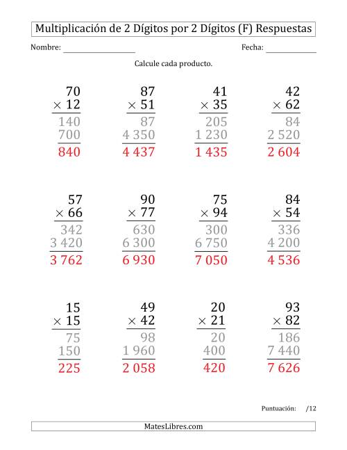 La hoja de ejercicios de Multiplicar Números de 2 Dígitos por 2 Dígitos (Formato Grande) Usando Espacios como Separadores de Millares (F) Página 2