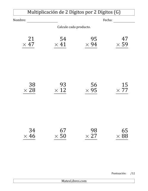 La hoja de ejercicios de Multiplicar Números de 2 Dígitos por 2 Dígitos (Formato Grande) Usando Espacios como Separadores de Millares (G)