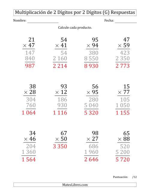 La hoja de ejercicios de Multiplicar Números de 2 Dígitos por 2 Dígitos (Formato Grande) Usando Espacios como Separadores de Millares (G) Página 2