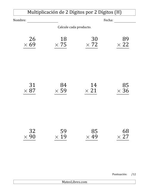 La hoja de ejercicios de Multiplicar Números de 2 Dígitos por 2 Dígitos (Formato Grande) Usando Espacios como Separadores de Millares (H)