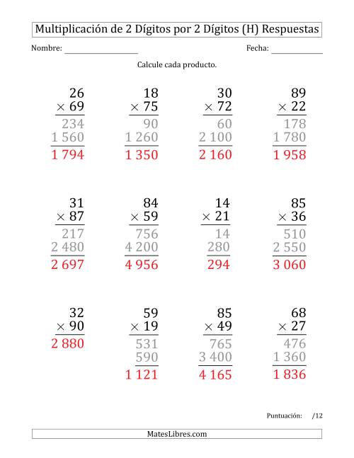 La hoja de ejercicios de Multiplicar Números de 2 Dígitos por 2 Dígitos (Formato Grande) Usando Espacios como Separadores de Millares (H) Página 2
