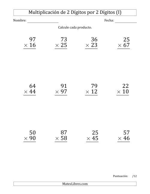 La hoja de ejercicios de Multiplicar Números de 2 Dígitos por 2 Dígitos (Formato Grande) Usando Espacios como Separadores de Millares (I)